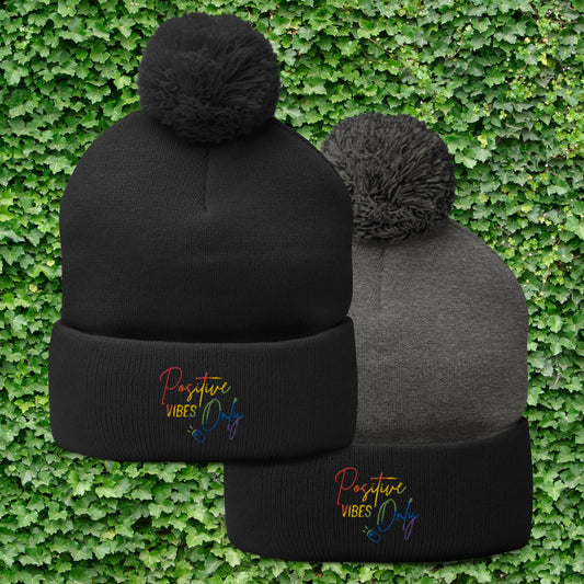 Positive Vibes Only Rainbow Pom Pom Beanie