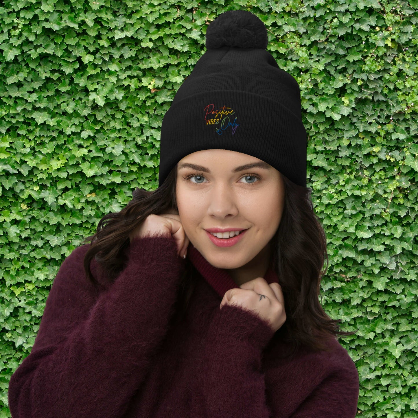 Positive Vibes Only Rainbow Pom Pom Beanie