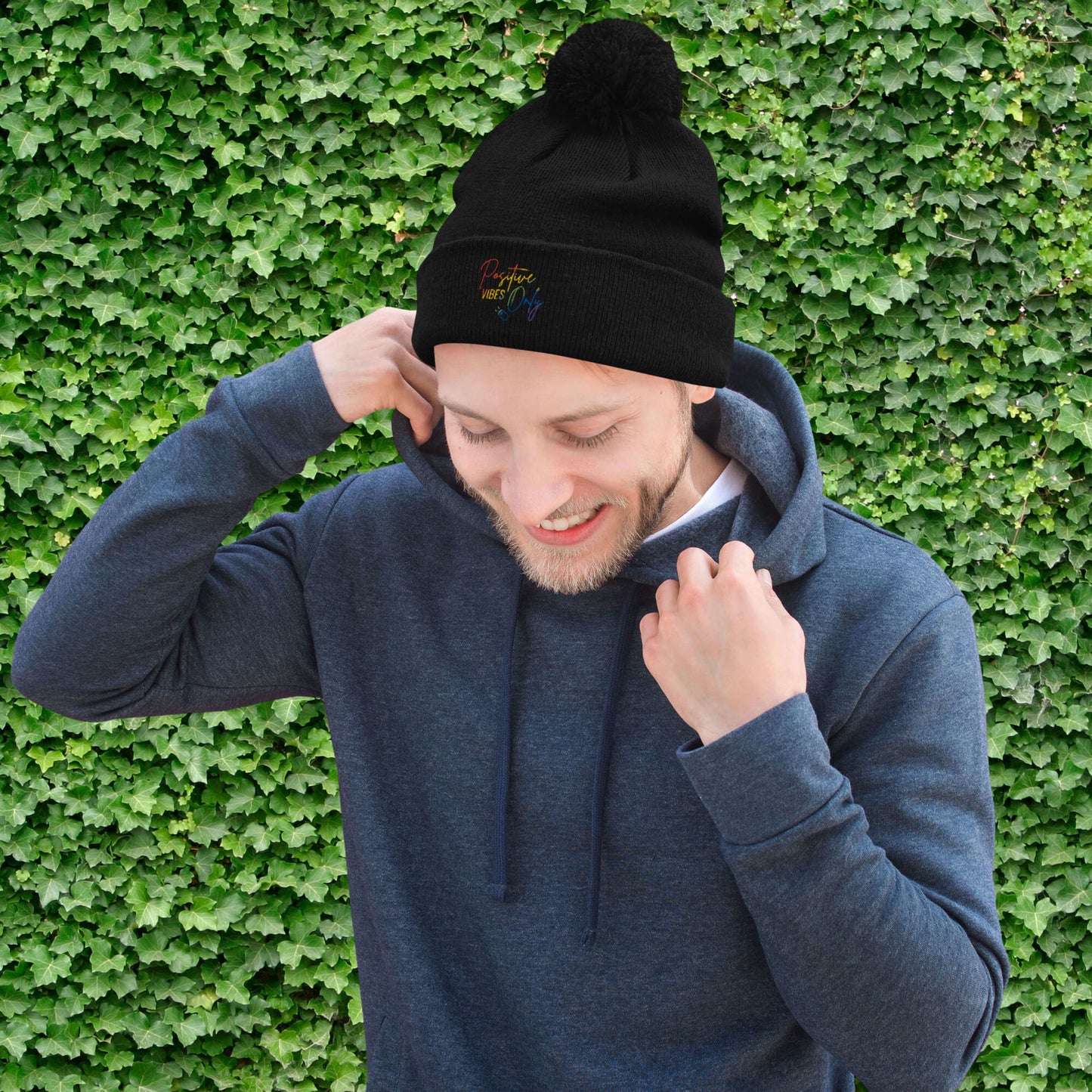 Positive Vibes Only Rainbow Pom Pom Beanie